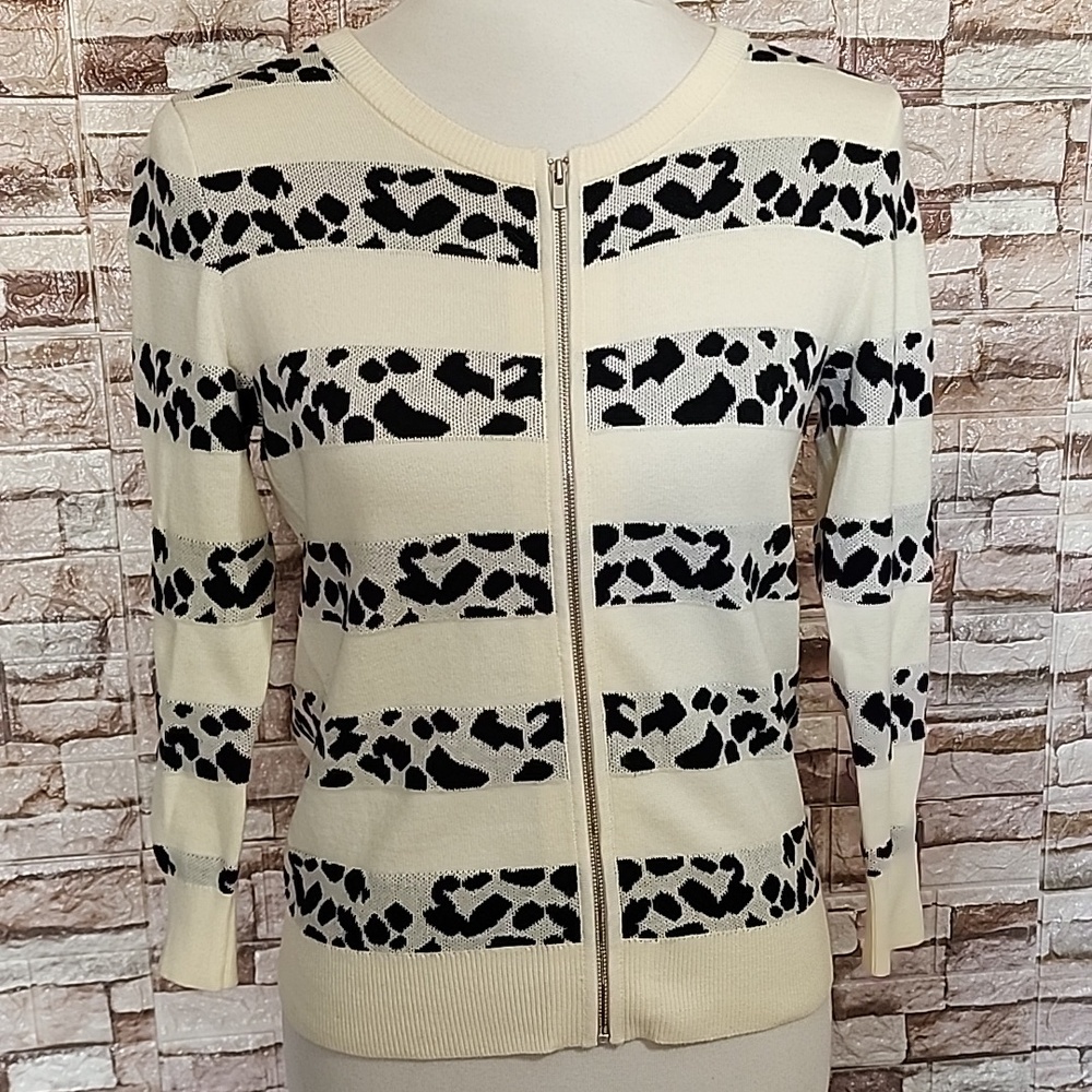 Banana Republic Animal Print Striped Cardigan 100 % Cotton Cream/White